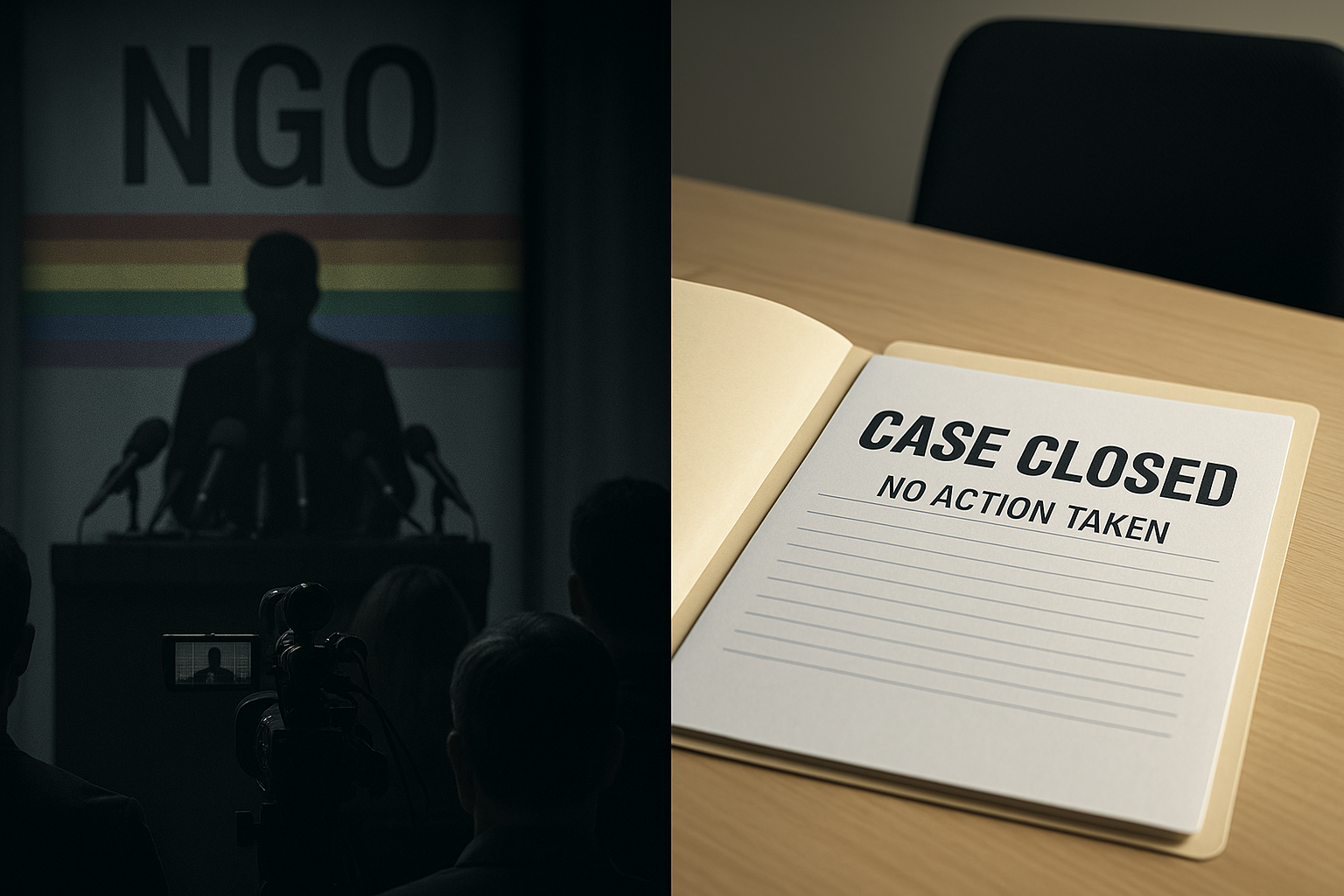 Split image showing a shadowy NGO press event on the left and an open case file marked ‘No Action Taken’ on the right, symbolizing exposure of truth.