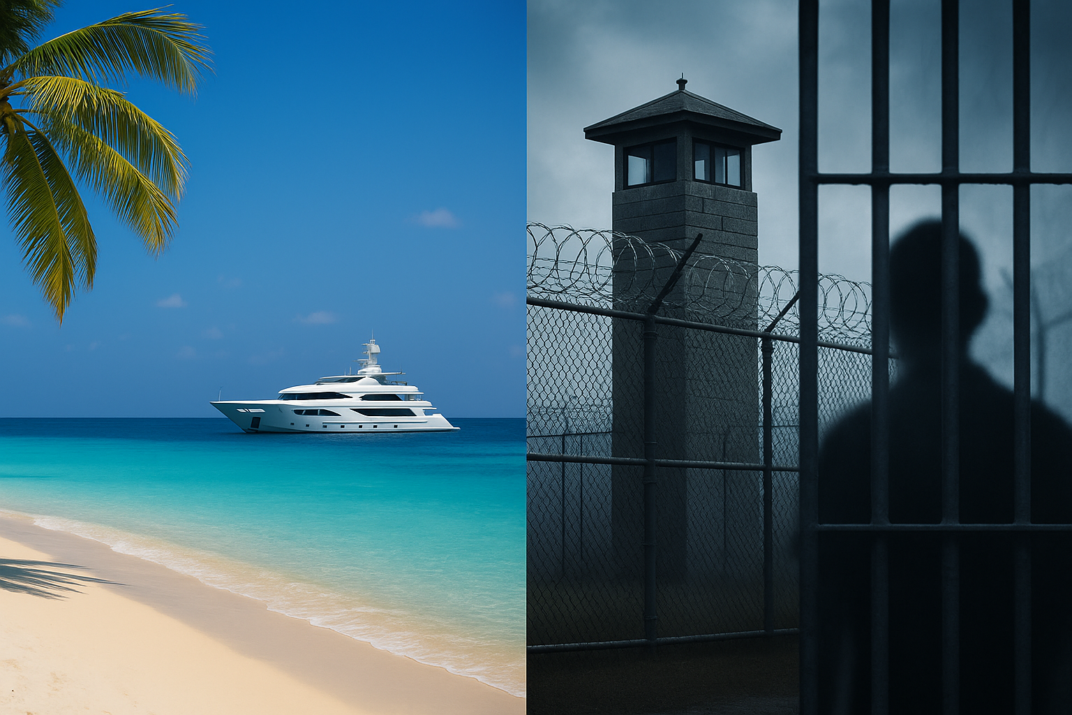 Split image showing a vibrant Bahamian beach with turquoise water and a luxury yacht on the left, contrasted with a dark detention facility with barbed wire, watchtower, and blurred silhouette of a detainee on the right.